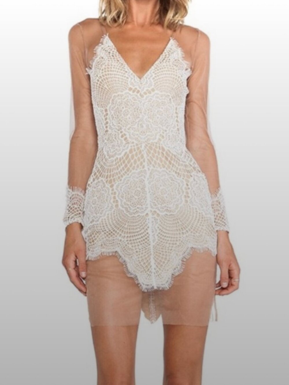 For Love & Lemons Antigua Mesh Lace Illusion Mini Dress XS Nude Ivory